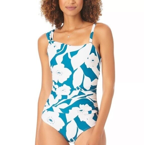 ANNE COLE Asymmetric Floral-Print One-Piece Swimsuit swimwear New TEPT size 10 - Picture 2 of 16